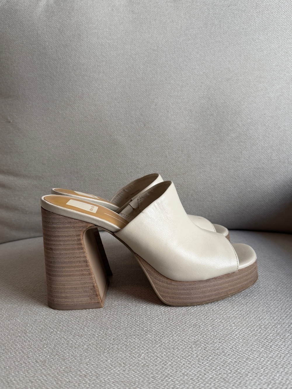 Dolce Vita Cream Leather Platform Mule Heels with Stacked Wood-Look Block Heel
